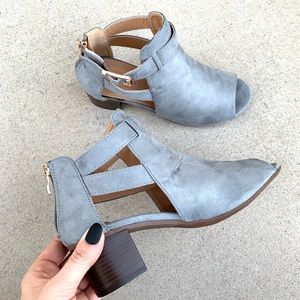 Vegan Suede Blue Grey Block Peep Toe Ankle Booties